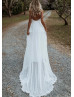 Plunging Neck Ivory Lace Tulle Slit Romantic Wedding Dress
